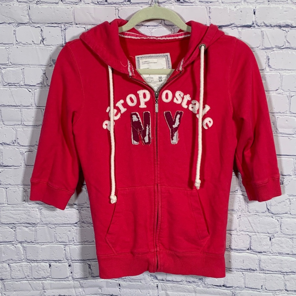 Aeropostle Womens Y2K 3/4 Full Zip Hooded Sweatshirt Pink Size M 90s Spellout